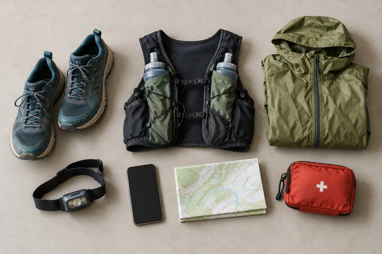 Trailschoenen, een loopvest, regenjas, hoofdlamp, telefoon, kaart en eerstehulptasje naast elkaar.